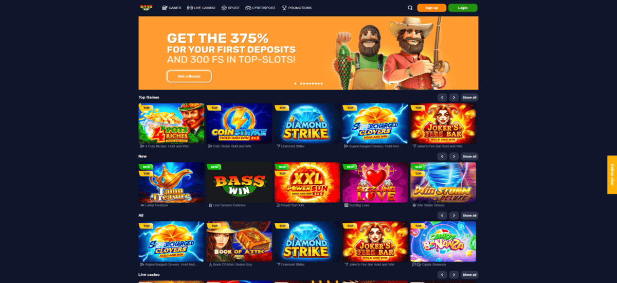 Screenshot of the BassWin Casino website